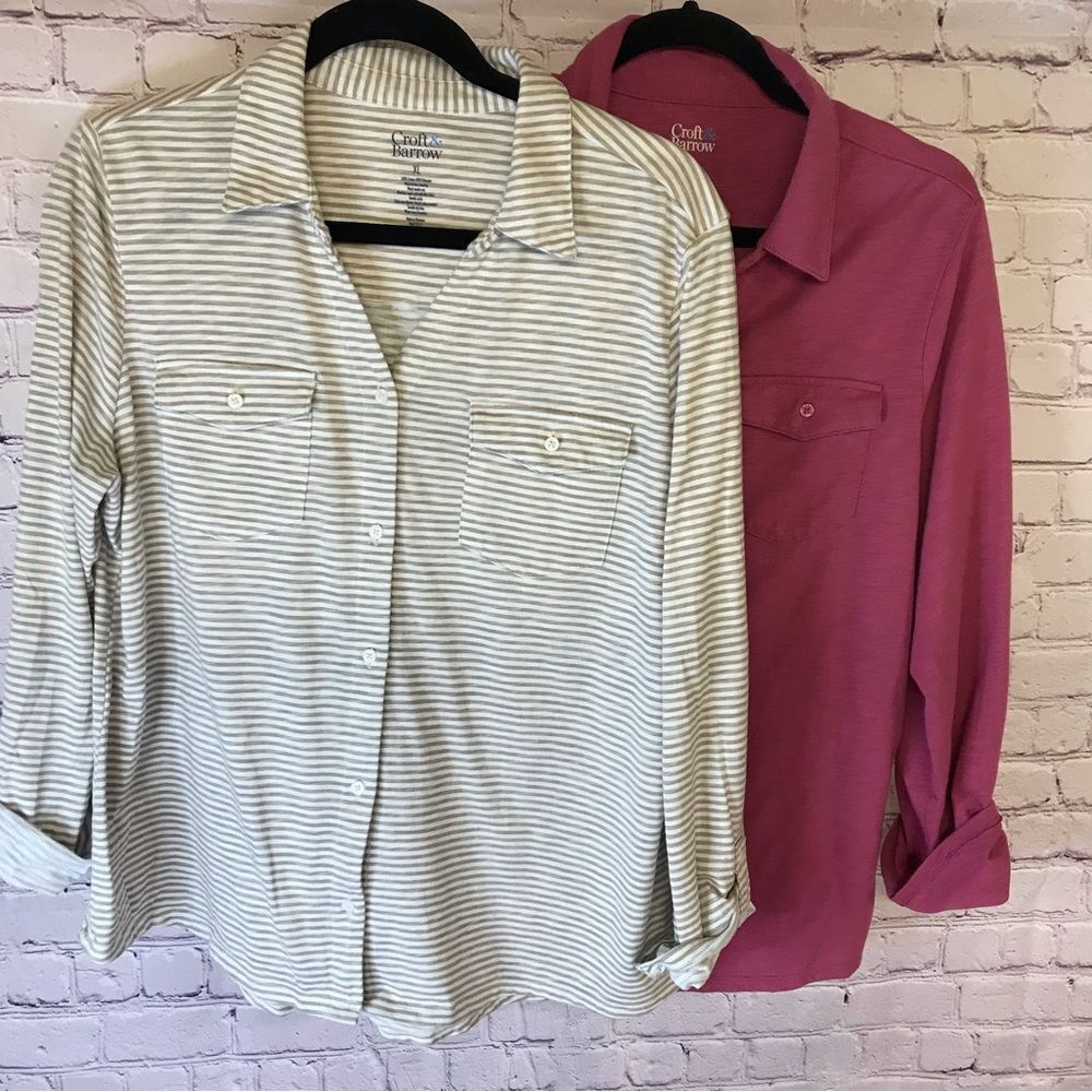 CROFT & BARROW TWO SHIRTS Brown White Stripes/Raspberry Button Up Roll Tab XL